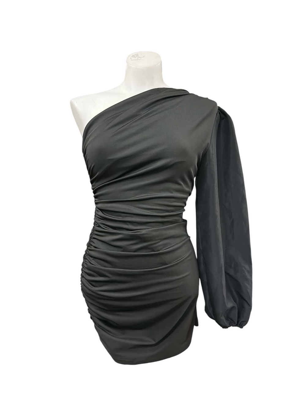 One-Shoulder Black Ruched Mini Dress with Balloon Sleeve Size S